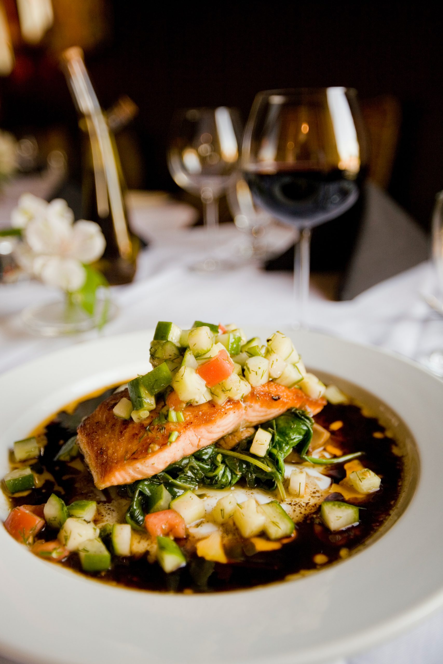 Plated salmon fillet with garnish